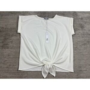 Set The Stage Top Womens L White Waffle Knit Front Tie Knot Shoulder Button